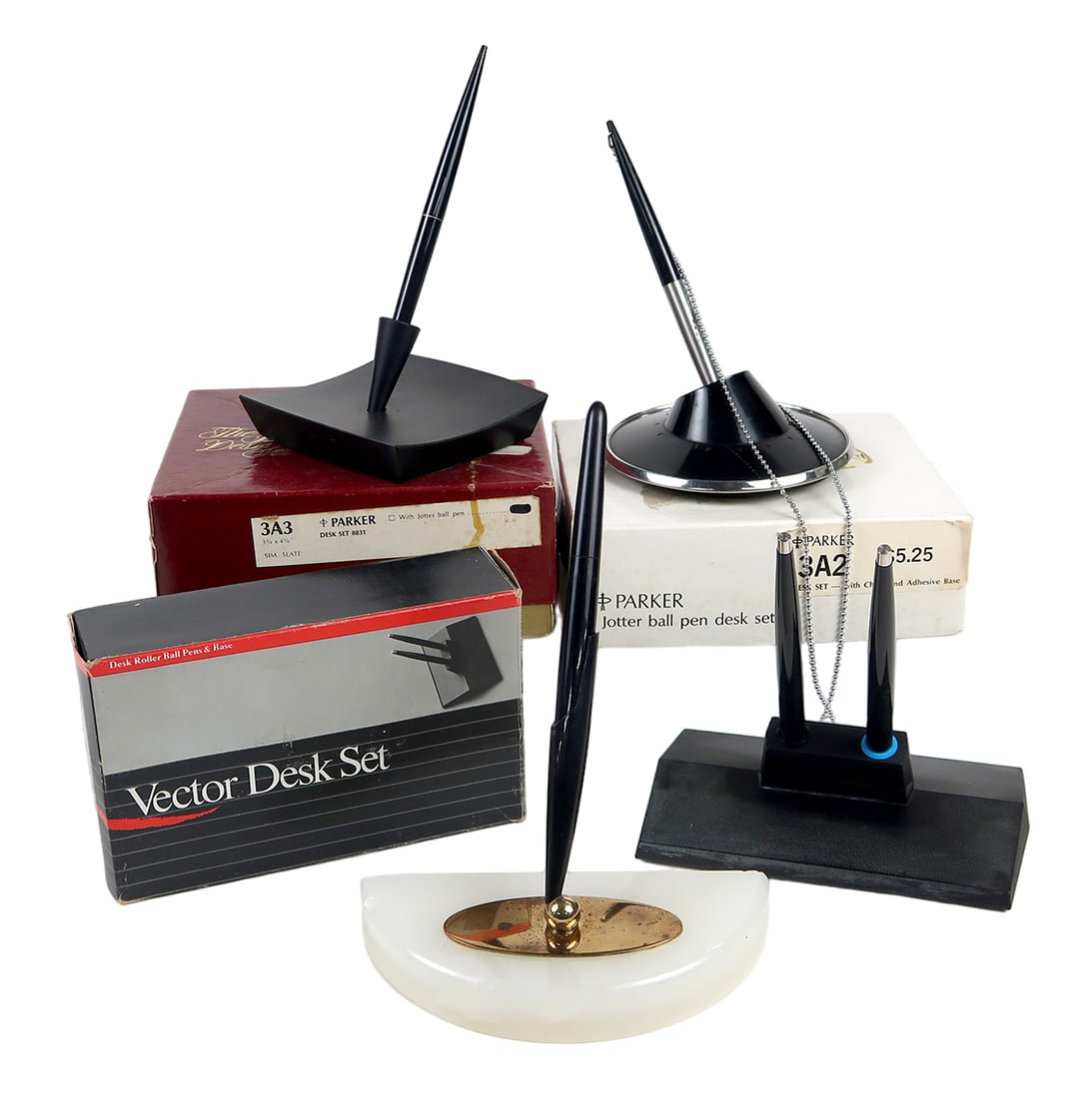 4 Parker Desk Pen Sets, A 3a2 Jotter Ball W/stand In Box, A 45 On Onyx Stan (1 of 2)