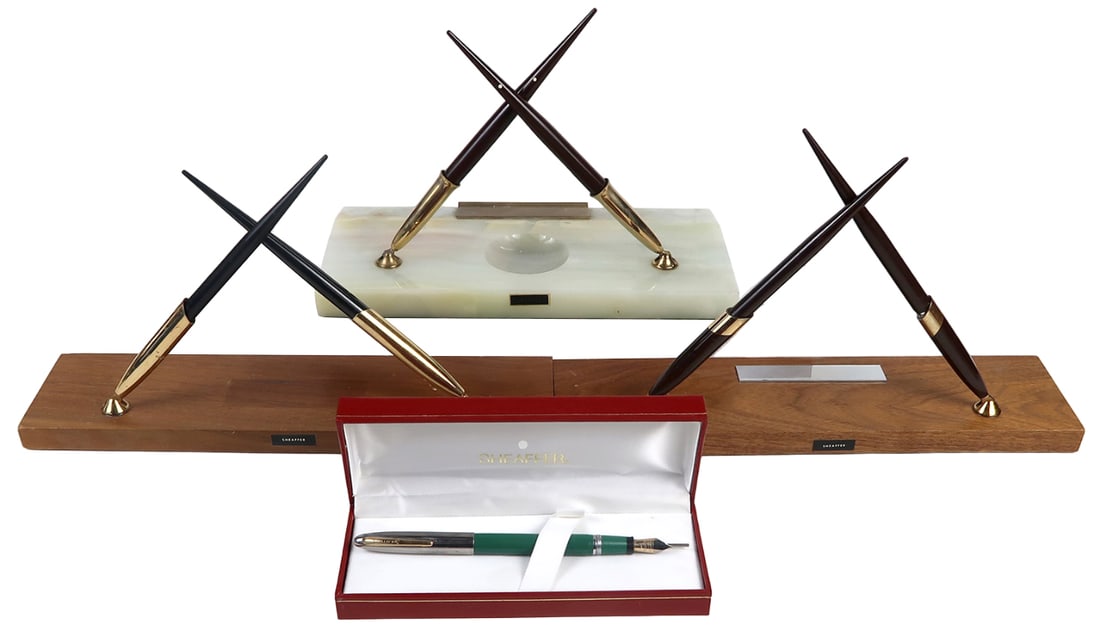 7 Sheaffer Pens & Desk Sets, Two Dbl Walnut Stands Each With Associated Non (1 of 2)