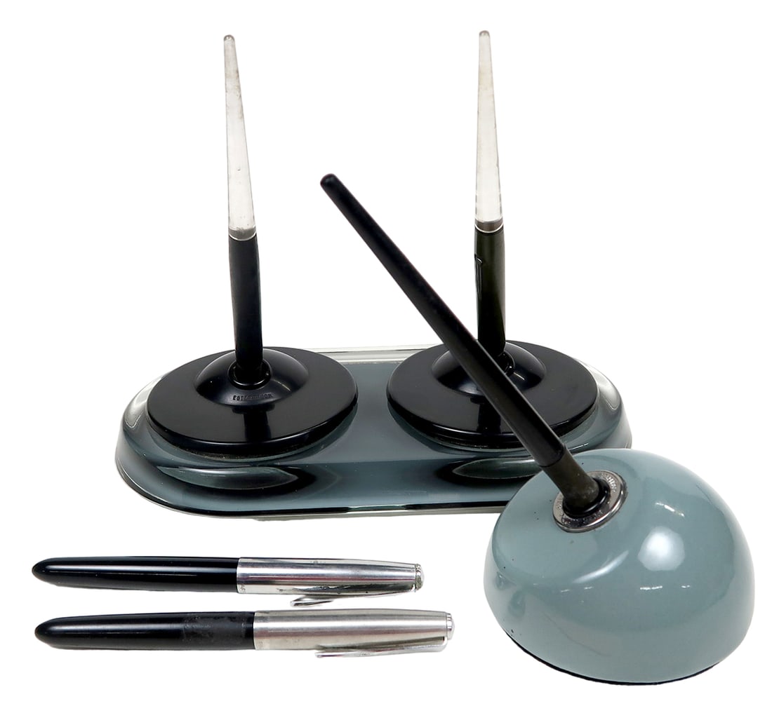 5 Fountain Pens, Two Esterbrook Lever Fill Pens In A Double Glass Ink Stand (1 of 2)