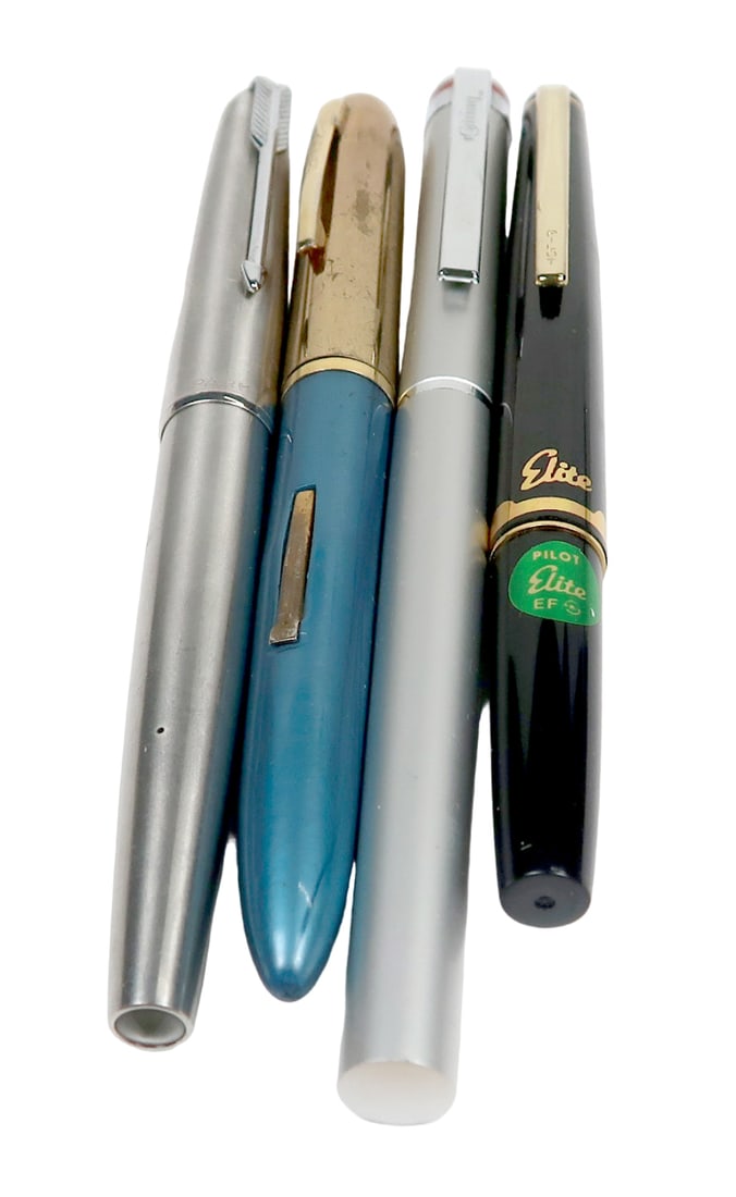 4 Fountain Pens, Parker 61 Brushed Stainless, Pilot Elite (nos), Linden Lev (1 of 4)