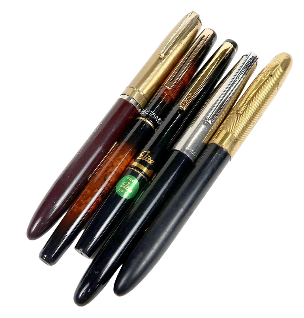 5 Fountain Pens, Pilot Elite (nos), Fineline Lever Fill And Others, Vg Or B: 5 fountain pens, pilot elite (nos), fineline lever fill and others, vg or better untested cond, 5. 5"l.