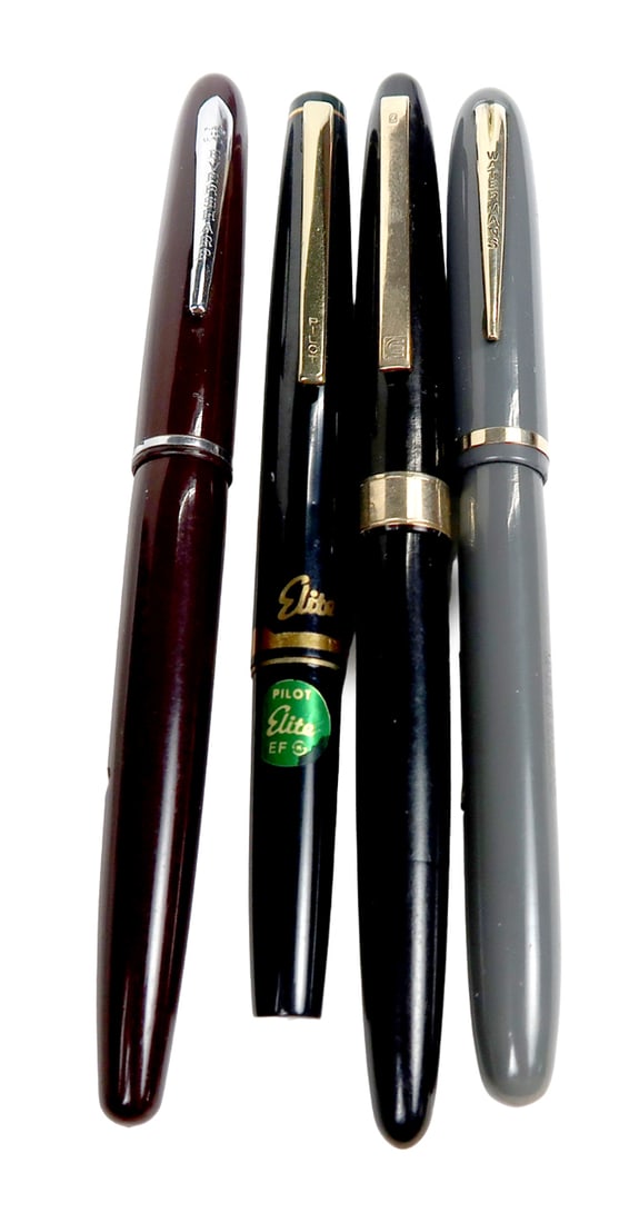 4 Fountain Pens, Waterman's Gray Barrel W/14k Nib, Eversharp Maroon Barrel: 4 fountain pens, waterman's gray barrel w/14k nib, eversharp maroon barrel w/14k nib, eversharp cartridge and an nos pilot elite, vg or better untested cond, 5. 5"l.
