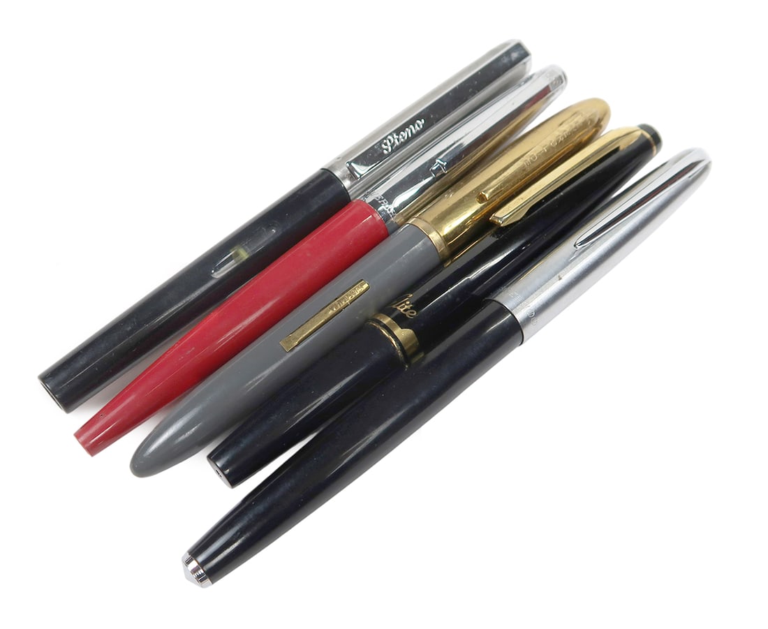 5 Fountain Pens, Pilot Elite, Everglide Lever Fill, A Chinese 51 Style, Eve: 5 fountain pens, pilot elite, everglide lever fill, a chinese 51 style, eversharp & steno cartridge pens, vg-exc untested cond, 5. 5"l.