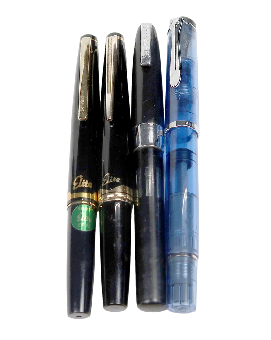 4 Fountain Pens, Pelikan 14k Nib W/translucent Blue Barrel, Sheaffer Inlaid (1 of 3)