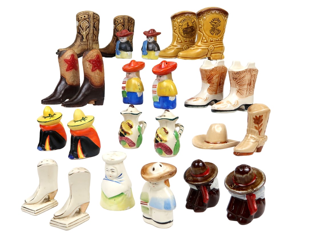 Salt & Pepper Shakers (12 Sets) Western/mexican, Unmarked/made In Japan/occ: Salt & pepper shakers (12 sets) western/mexican, unmarked/made in japan/occupied japan, ceramic, good to vg cond w/possible paint loss, minor chipping or missing stoppers, 4"l.