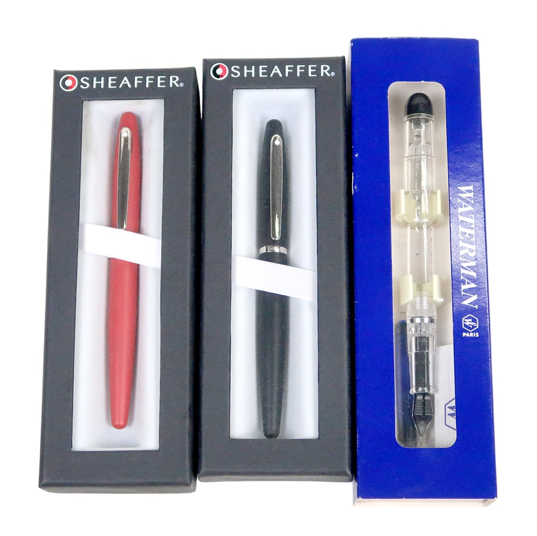 3 Sheaffer & Waterman's Fountain Pens, White Dot Red & Satin Cartridges And (1 of 3)