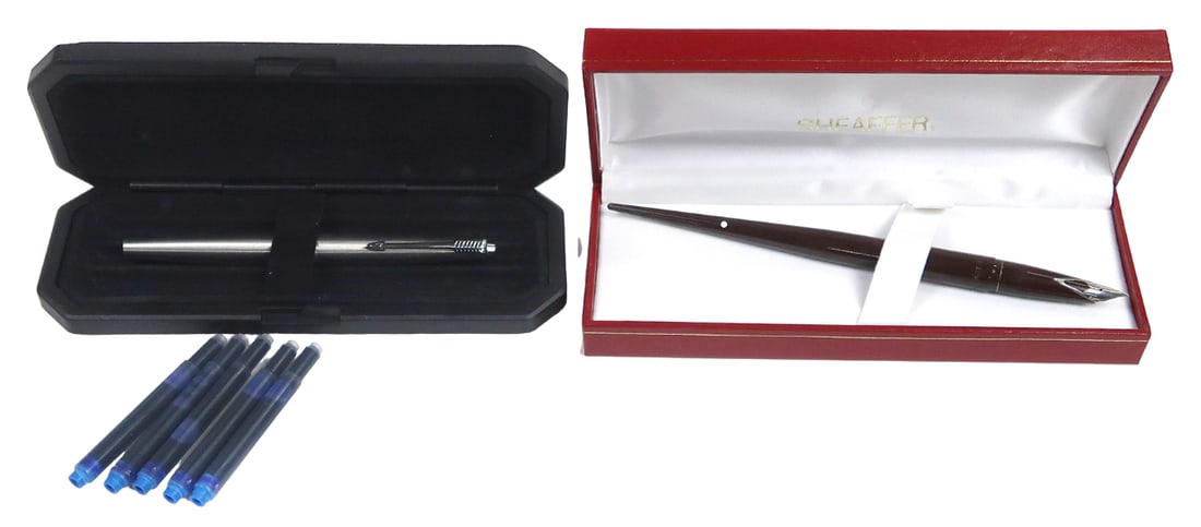 2 Sheaffer & Parker Fountains, A White Dot Brown Inlaid V Nib, Nos In Later (1 of 2)