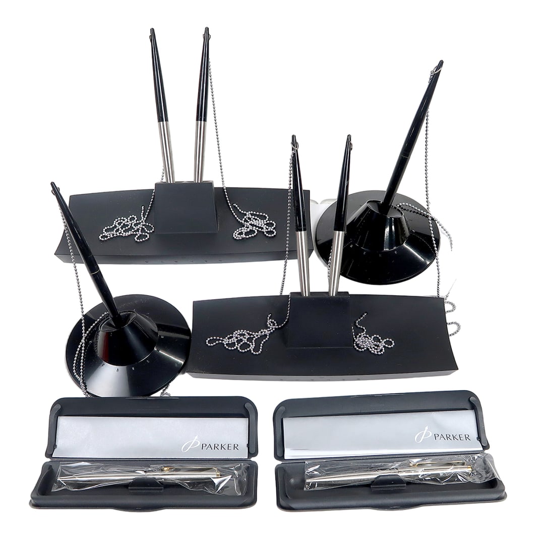 6 Parker Desk Sets & Pens, 2 Dbl Chain Mounted & 2 Single Plus 2 Nos Pocket: 6 parker desk sets & pens, 2 dbl chain mounted & 2 single plus 2 nos pocket ballpoints vg+ cond or better, largest 9"l.