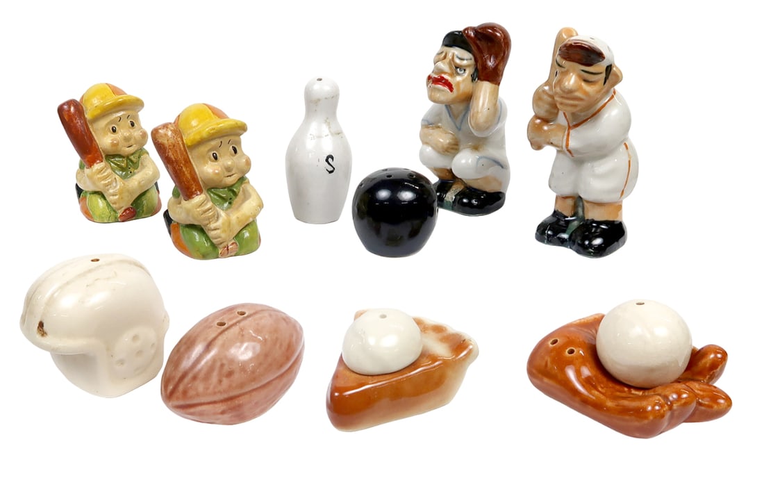 Salt & Pepper Shakers (6 Sets) Sports, Unmarked/made In Japan, Ceramic, Goo: Salt & pepper shakers (6 sets) sports, unmarked/made in japan, ceramic, good to vg cond, w/possible paint loss, minor chipping or missing stoppers, 4"l.