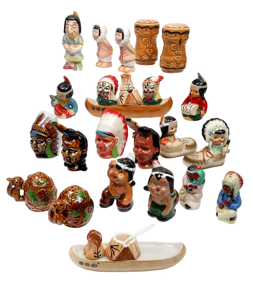 Salt & Pepper Shakers With Native American Theme, 10 Pair/sets Incl 2 Canoe (1 of 2)