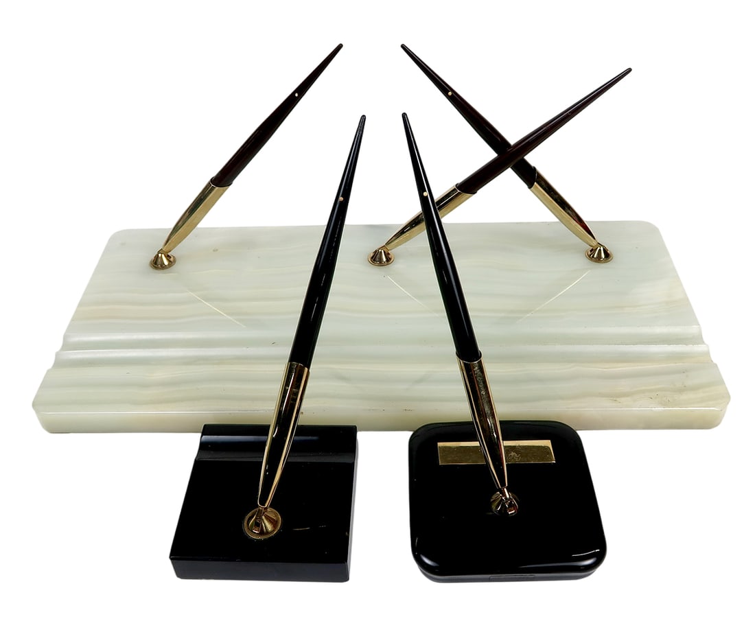 3 Sheaffer Desk Sets, All White Dots, A Large 3 Pen Spanish Onyx Stand W/2 (1 of 2)