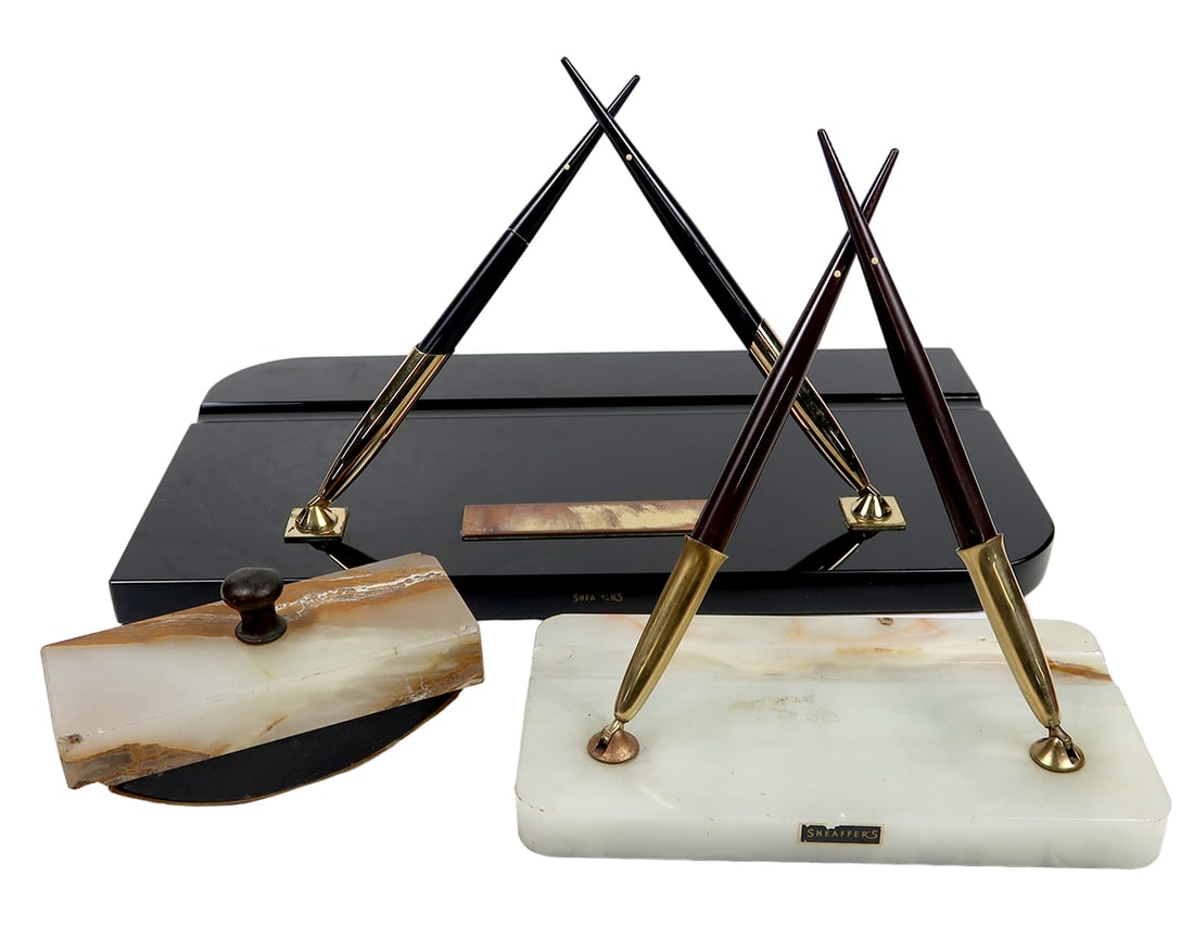 2 Sheaffer Desk Sets, A Large Black Glass W/white Dot 14k Inlaid V Nib Vac- (1 of 2)