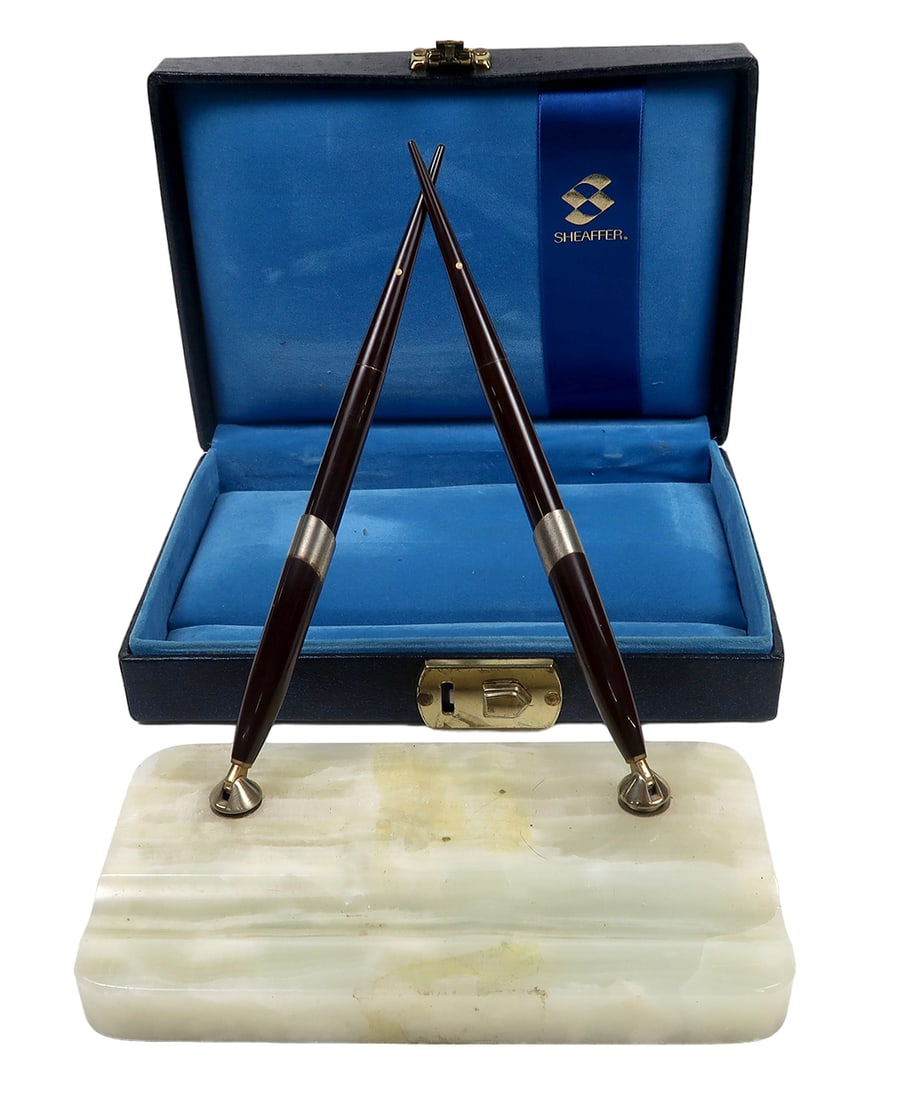 Sheaffer Desk Set, 2 Nos White Dot Brown Barreled 14k Inlaid V Nib Vac-fill (1 of 2)