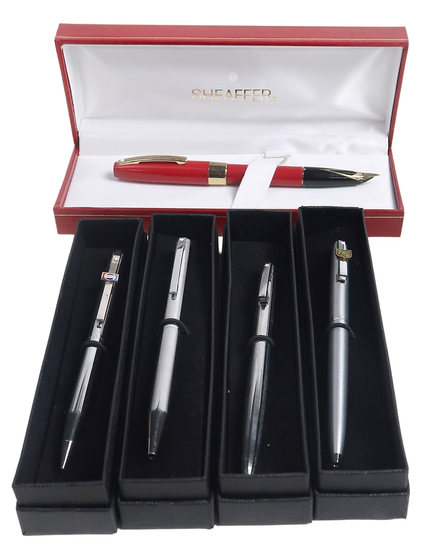 5 Sheaffer Pens & Pencil, All White Dot, Red Triumph W/gold Plate Inlaid V: 5 sheaffer pens & pencil, all white dot, red triumph w/gold plate inlaid v nib, a chrome pencil w/pepsi logo, a brushed crg logo ballpoint & a fashion ballpoint, and a clip click ballpoint. Exc untest