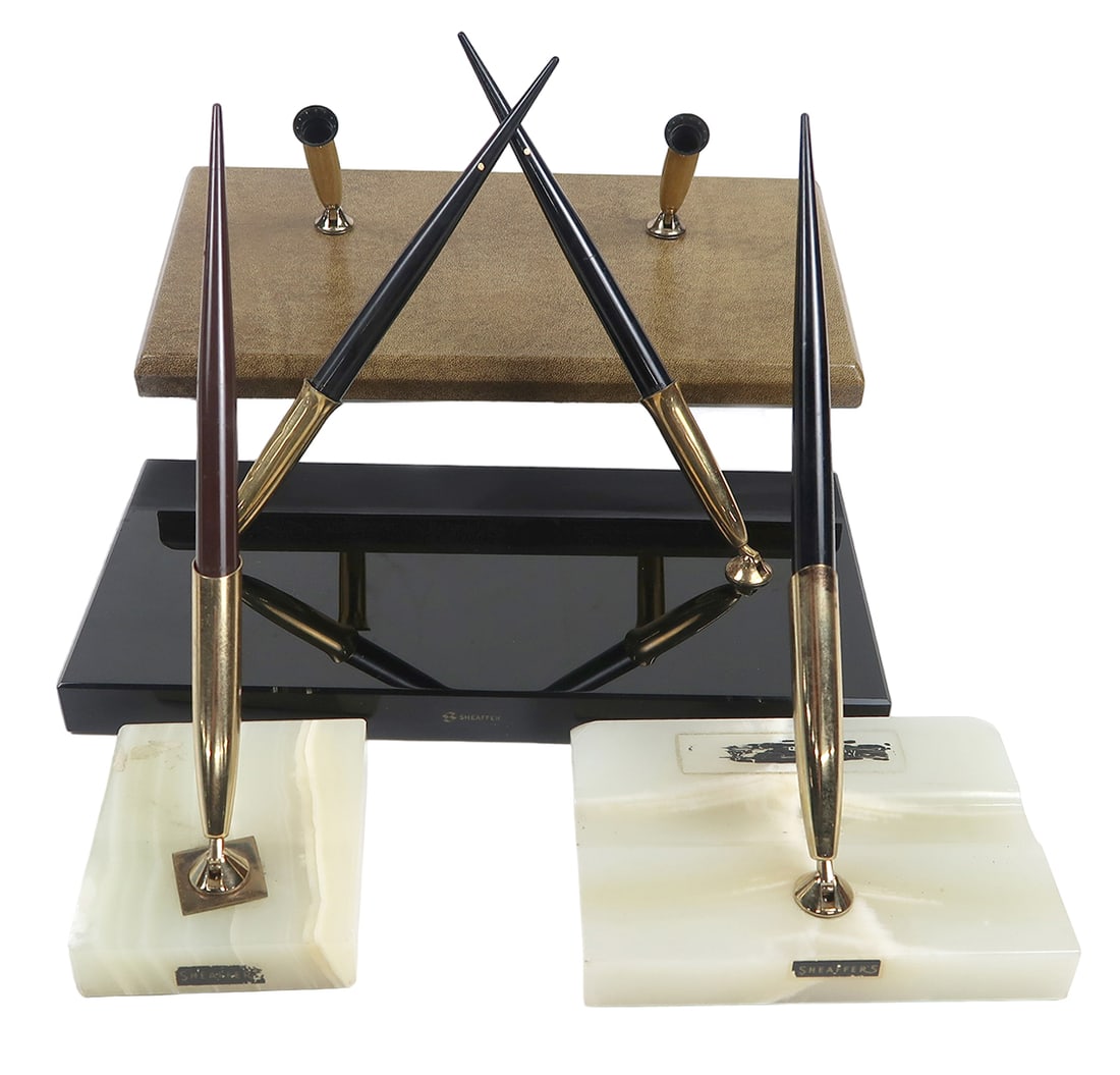4 Sheaffer Desk Sets, A Dbl Black Glass W/white Dot Ballpoints, Two Onyx W/ (1 of 2)
