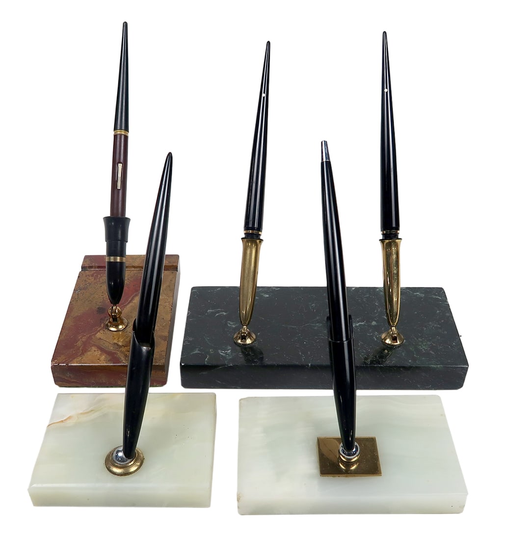 4 Fountain Pen Desk Sets, A Sheaffer Green Marble Dbl Stand W/white Dot Car (1 of 1)