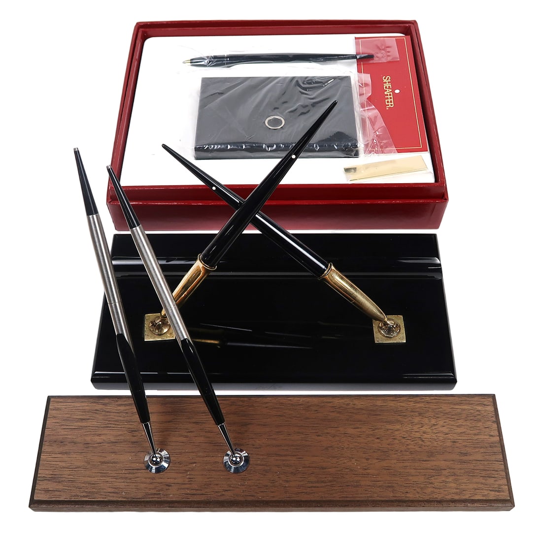 3 Sheaffer & Parker Desk Sets, A White Dot Nos Ballpoint W/blk Stand In Box (1 of 2)