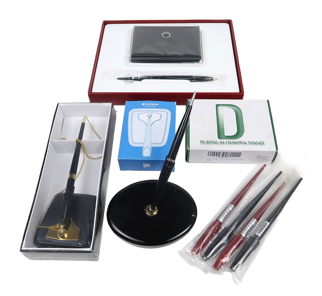 5 Mostly Nos Desk Sets, Sheaffer Ballpoint W/blk Glass Stand, Mint In Box,: 5 mostly nos desk sets, sheaffer ballpoint w/blk glass stand, mint in box, contemporary design and others, exc+ untested cond, largest 11"l.
