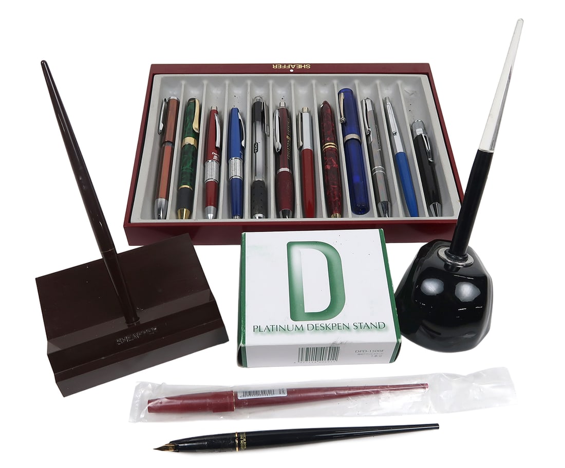 15pc Pen Collection, Sheaffer & Eversharp Stands W/pens, A Boxed Nos 2 Pen (1 of 2)