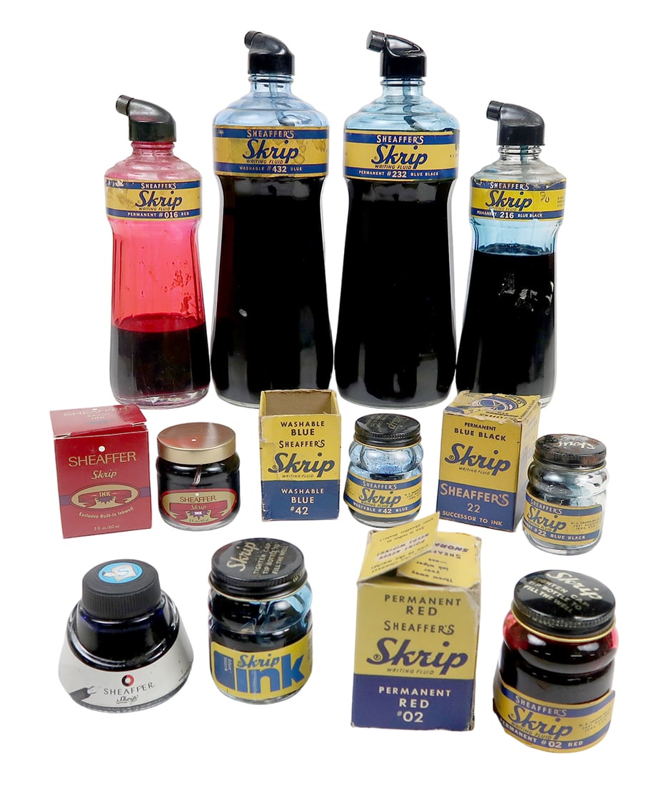 10 Bottles Sheaffer Skrip Ink, Various Size & Colors Incl #432, #232, #016: 10 bottles sheaffer skrip ink, various size & colors incl #432, #232, #016 and others mostly w/contents or nos, largest 11"h.