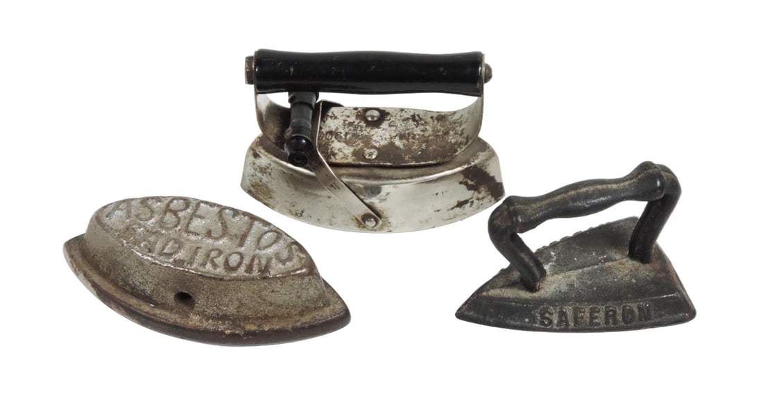 Toy Irons (2), Massengill/Saferon embossed cast iron & Asbestos Sad Iron w/ (1 of 1)