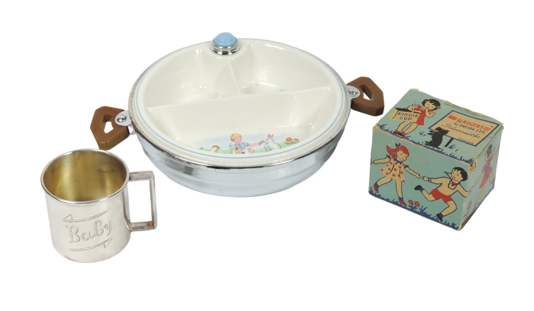 Children's Warming Dish, Bartsch Mfg. Co. w/Bakelite handles, dated 1944 & (1 of 2)