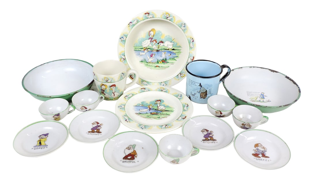 Children's dishes (16), enamelware & glass, Mary Had a Little Lamb bowl & u: Children's dishes (16), enamelware & glass, Mary Had a Little Lamb bowl & unmarked bowl, both marked Sweden, There once was an old Lady mug, Snow White & The Seven Dwarfs tea cups/saucers, Quack-Quack