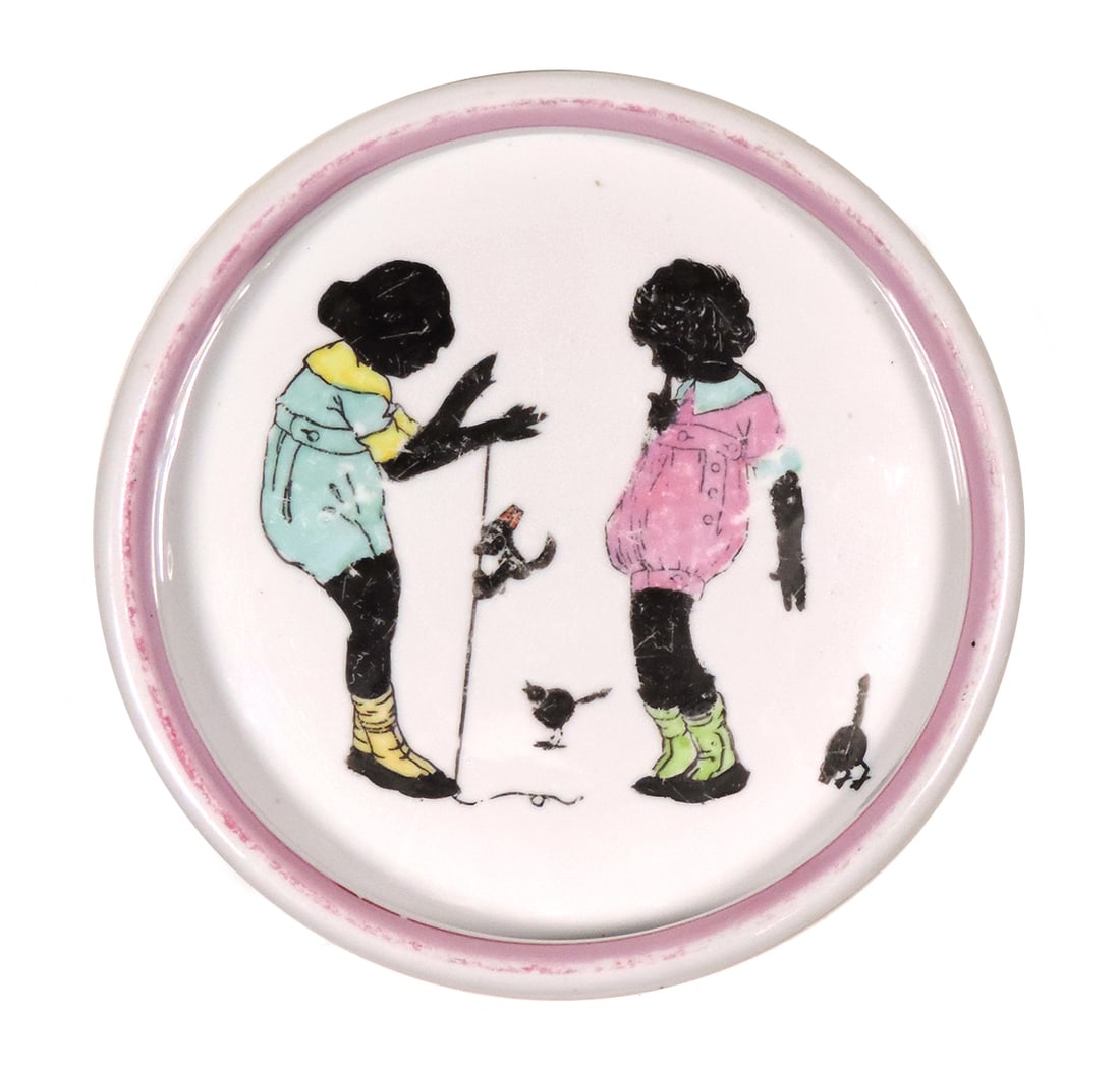 Black Americana Children's Feeding Dish, 2 girls playing with a monkey, chi (1 of 1)