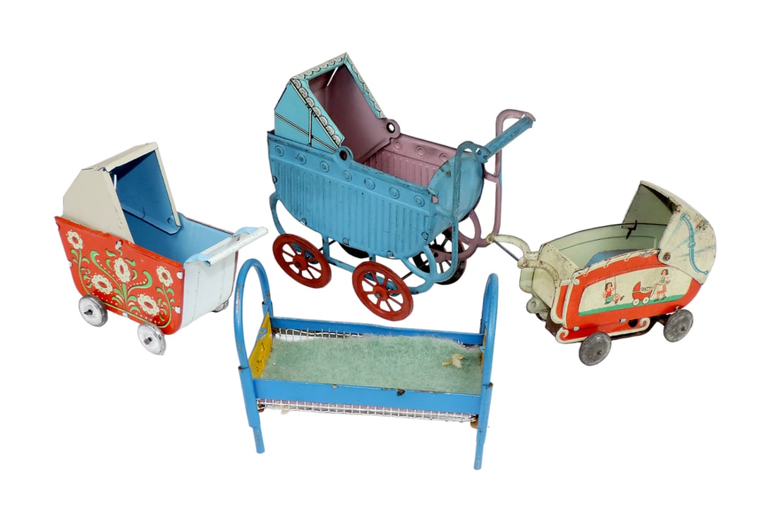 Doll pram buggy, bed & cup/saucer (3), windup buggy made in US Zone Germany (1 of 1)