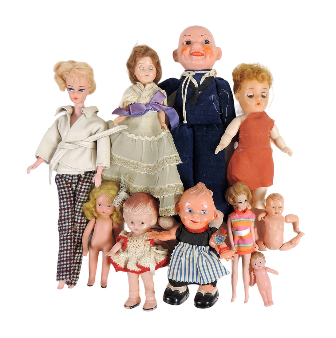 Dolls (10), jointed celluloid baby doll, plastic hand-painted, plastic kewp (1 of 1)