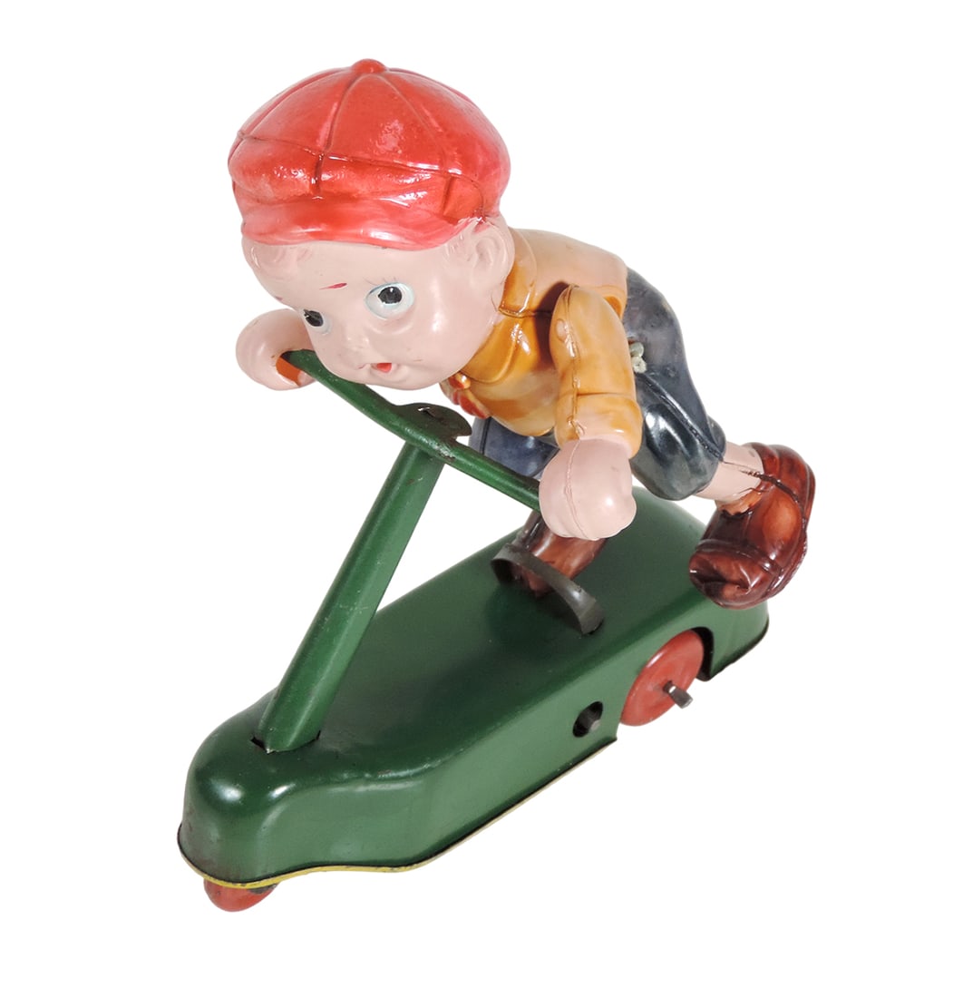 Toy Celluloid Boy on Metal Scooter, working windup marked Japan, c.1940's, (1 of 3)
