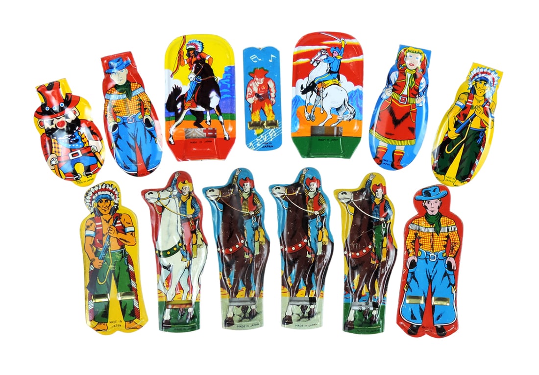 Toy Crickets & Whistles (13), litho on tin, made in Japan, VG+ cond, 3.25"L (1 of 1)