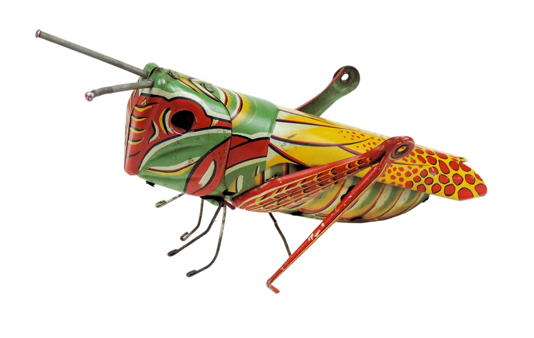 Toy litho on tin grasshopper w/wire antennae, unmarked, made in Japan, Good (1 of 2)