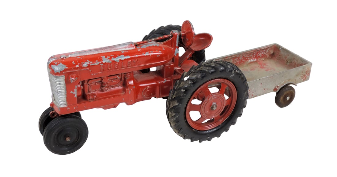 Toy Hubley red farm tractor, unmarked red farm wagon, metal, Good to VG con (1 of 2)