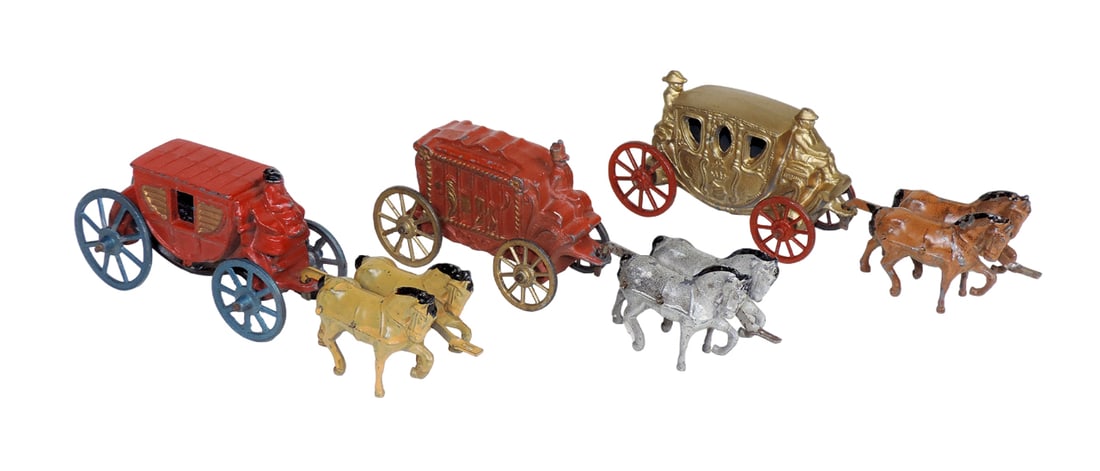 Toy Barclay Horse drawn carriages (3), circus & coach carriages, cast iron (1 of 2)