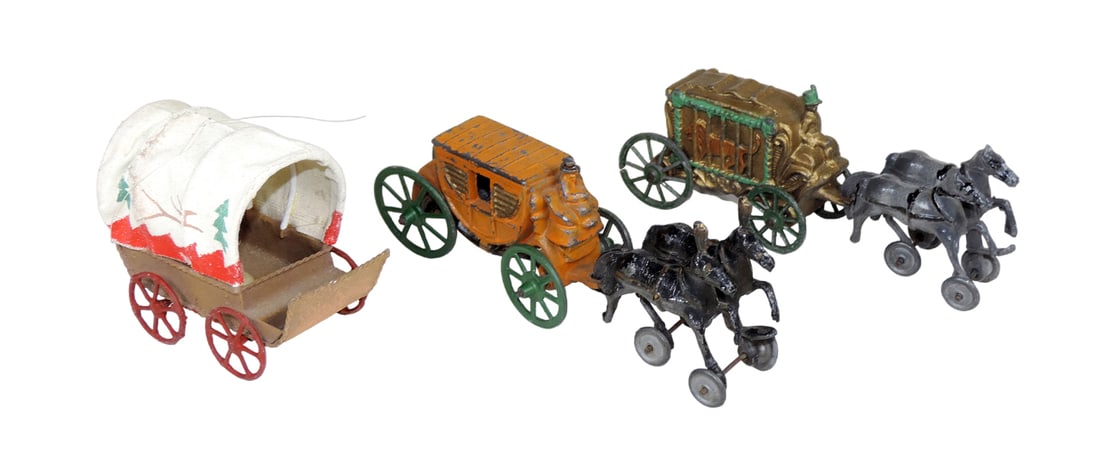 Toy Barclay coach w/horses, circus wagon w/horses, cast-iron, western wagon (1 of 2)
