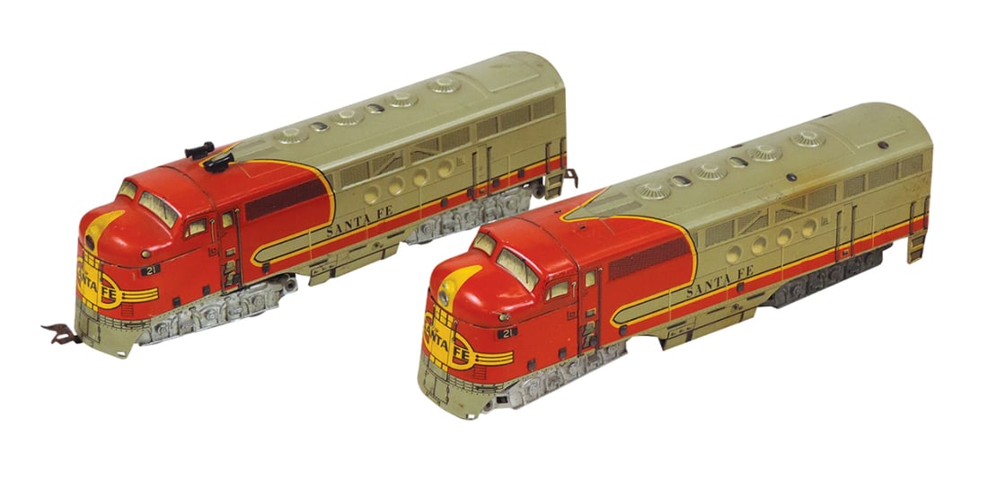 Toy train engines, elect litho on tin Santa Fe, mfgd by Marx & matching dum (1 of 1)