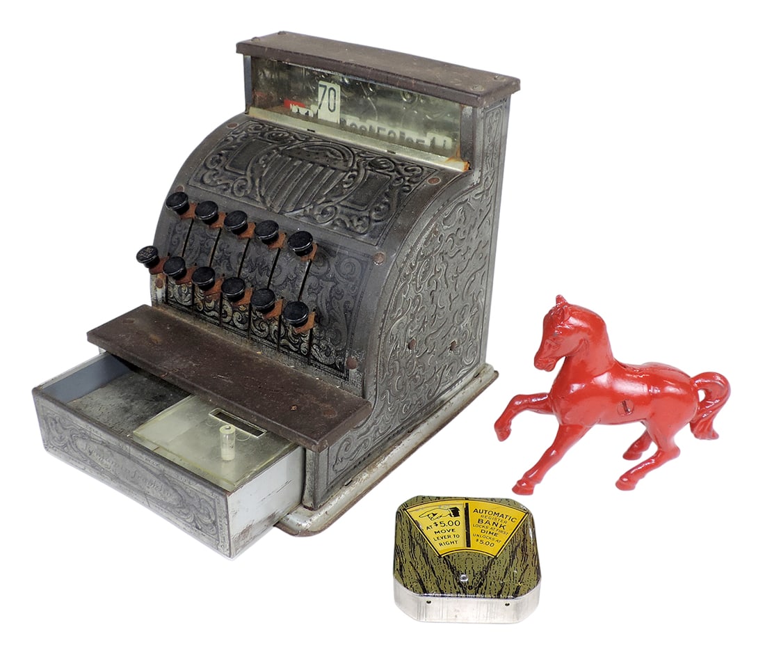 Banks (3), Benjamin Franklin toy cash register, tin, mfgd by Kamkap Inc, NY (1 of 2)