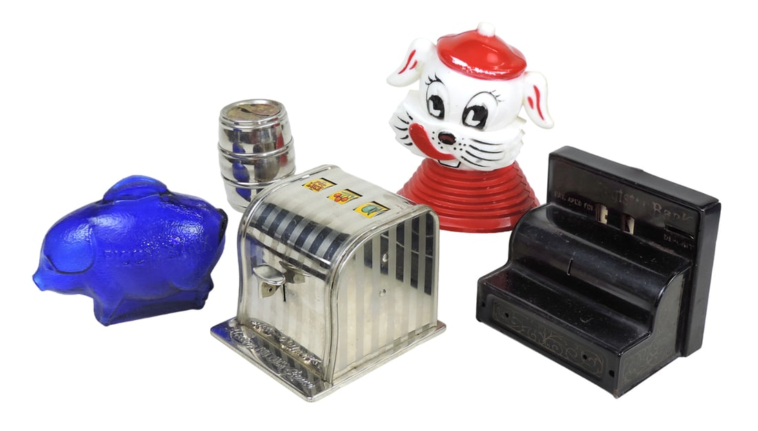 Banks (4), Penny register bank, Kalon pot-luck game, barrel shaped bank adv (1 of 1)