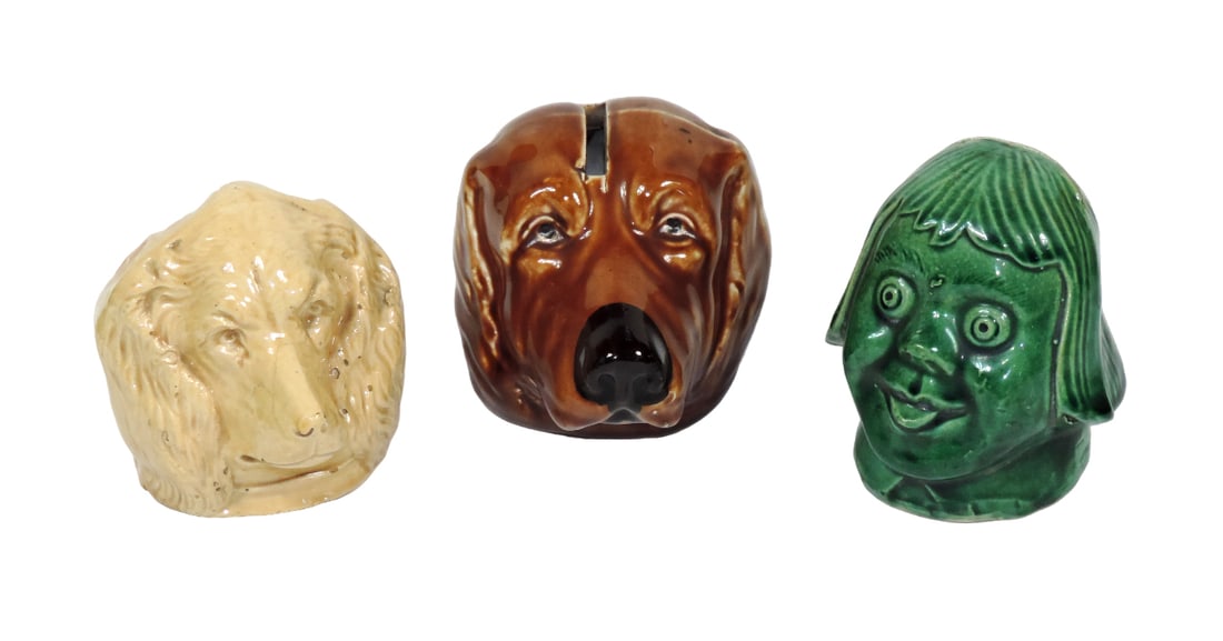 Art Pottery Penny Banks (3), brown & tan glazed dog heads & green glazed co (1 of 2)