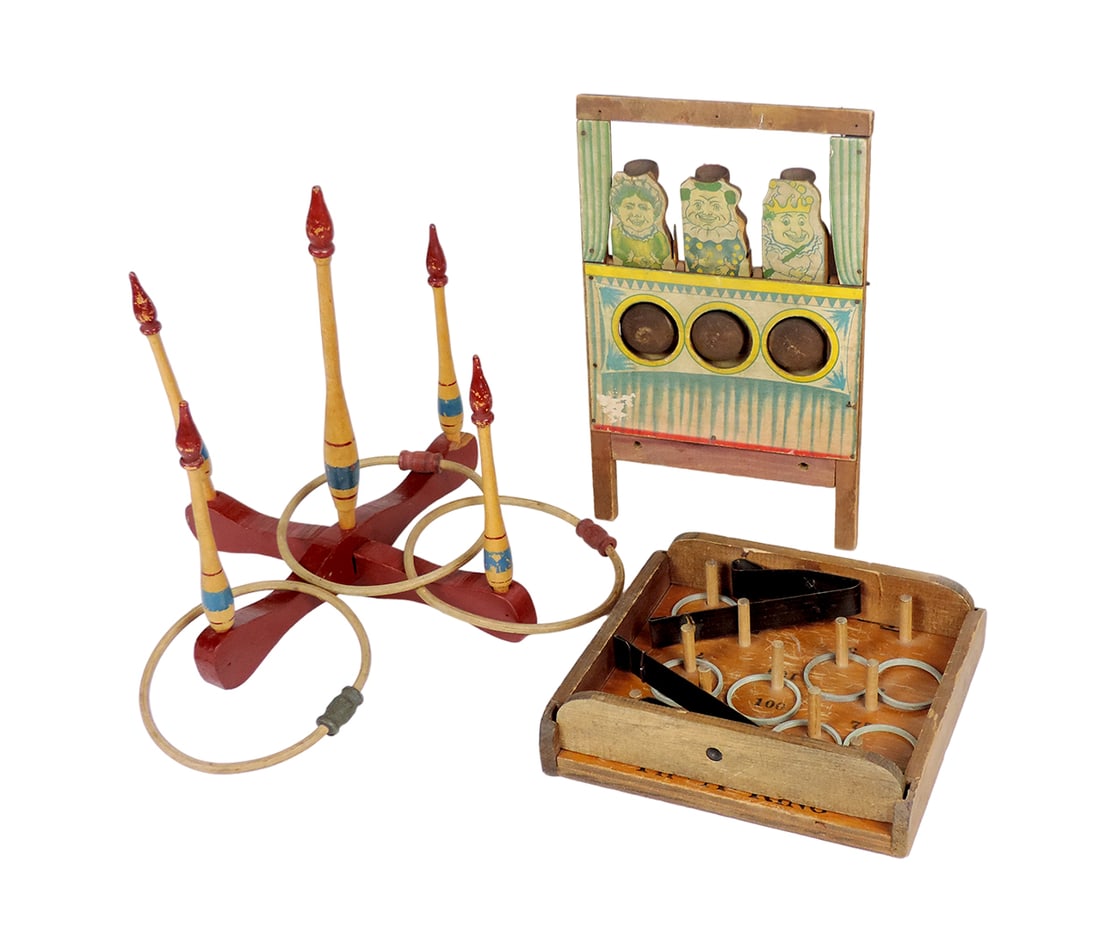 Games (3), ring toss, theatrical target toss & Tip-A-Ring, wood, unmarked, (1 of 2)