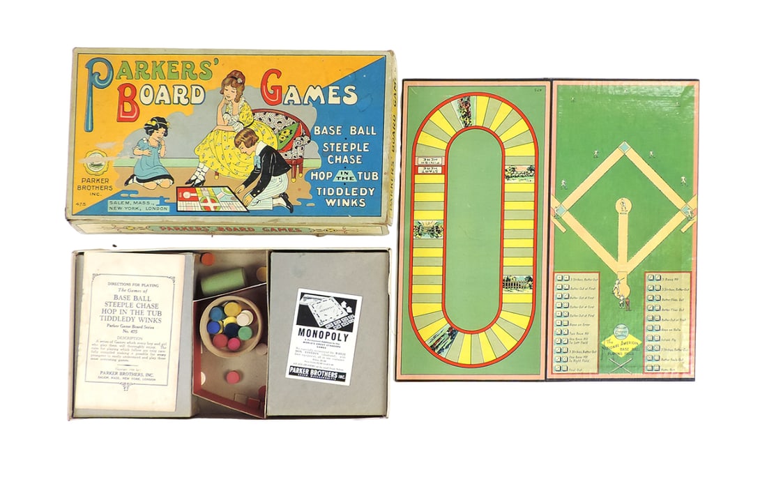 Games, Parker's Board Games No. 475, 4 in 1 baseball, steeple chase, hop in (1 of 3)