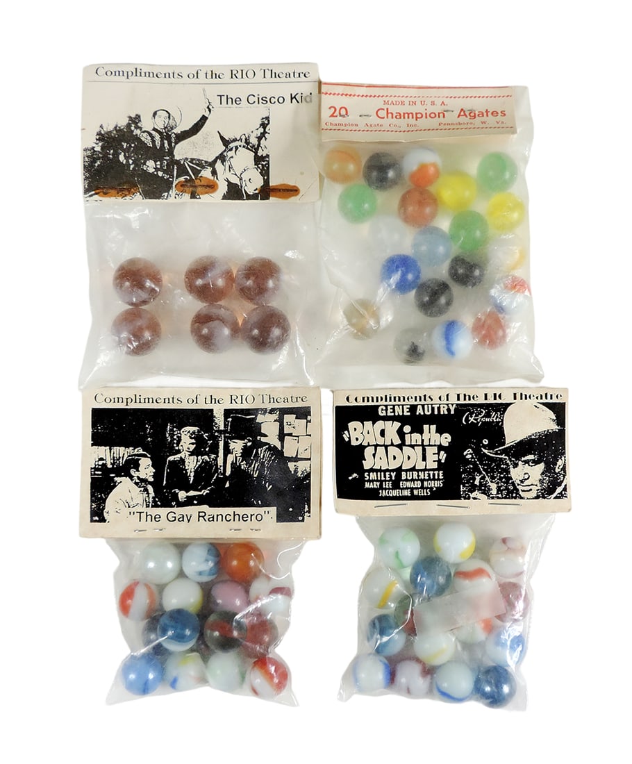 Marbles, 4 bags, Champion Agates & 3 bags Compliments of the Rio Theatre-Th: Marbles, 4 bags, Champion Agates & 3 bags Compliments of the Rio Theatre-The Cisco Kid, The Gay Ranchero & Gene Autry "Back in the Saddle", all NOS in orig packaging & Exc cond, ea 5"L.