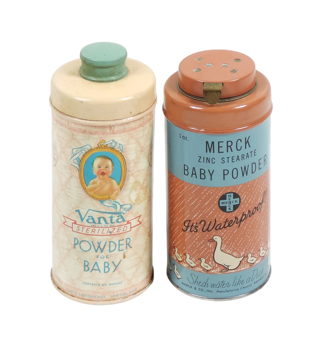 Talcum Tins (2), Merck Baby Powder and Vanta Sterilized Powder for Baby, me: Talcum Tins (2), Merck Baby Powder and Vanta Sterilized Powder for Baby, metal w/cute graphics, Exc & VG cond, 5.5"H.