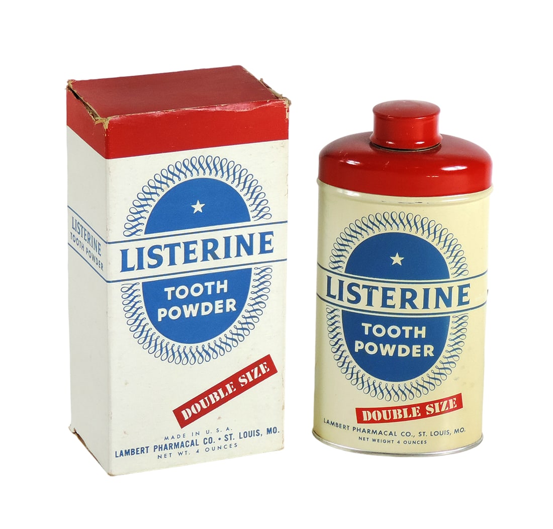 Tooth Powder tin w/box, Listerine Tooth Powder Double Size, colorful red, w: Tooth Powder tin w/box, Listerine Tooth Powder Double Size, colorful red, white & blue, from Lambert Pharmacal Co.-St. Louis, Exc+ New-Old-Stock cond full of orig product w/Exc cond box, 5.5"H.