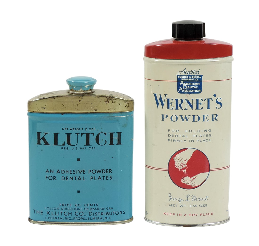 Dental Powder Tins (2), Klutch & Wernet's Powder, both for holding dental p: Dental Powder Tins (2), Klutch & Wernet's Powder, both for holding dental plates in place, both colorful tins in Exc cond w/orig caps, c.1950's, up to 6"H.