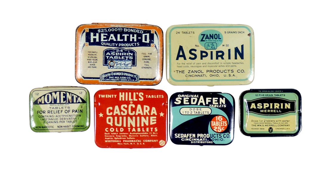 Drug Store Tins (6), Sedafen, Zanol Aspirin, Health-O Aspirin Tablets, Merr (1 of 1)