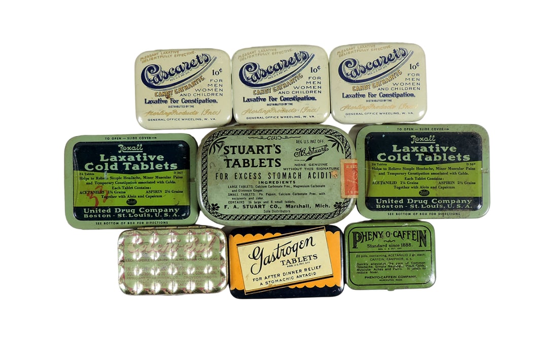 Drug Store Tins (9), Cascarets, Gastrogen, Stuart's Tablets, Colchi-Sal, Re (1 of 1)