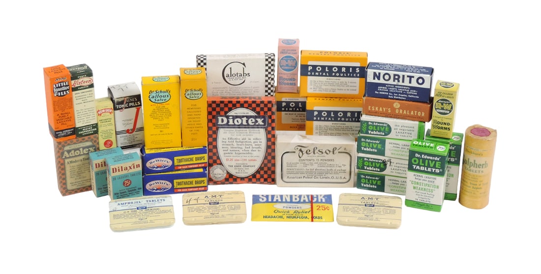 Drug Store Products (32), Dewitt's, Dr Edwards, Poloris, Dr Scholl's, Dilax: Drug Store Products (32), Dewitt's, Dr Edwards, Poloris, Dr Scholl's, Dilaxin, Adolex, Histeen, Jayne's, New Skin, Stanback, Diotex, Eskay's, Norito, Wyeth, Felsol, Nyal, Calotabs, Blackburn, contains