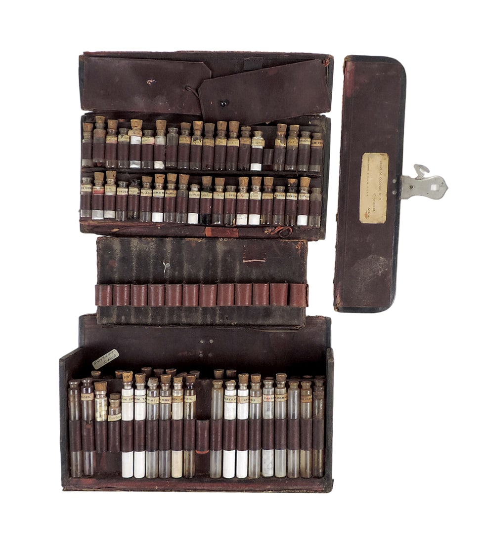 Medical, Traveling physicians apothecary leather medicine kits w/bottles, c (1 of 2)